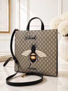 Authentic Gucci GG Supreme Bee Tote Bag Large Canvas Black Leather